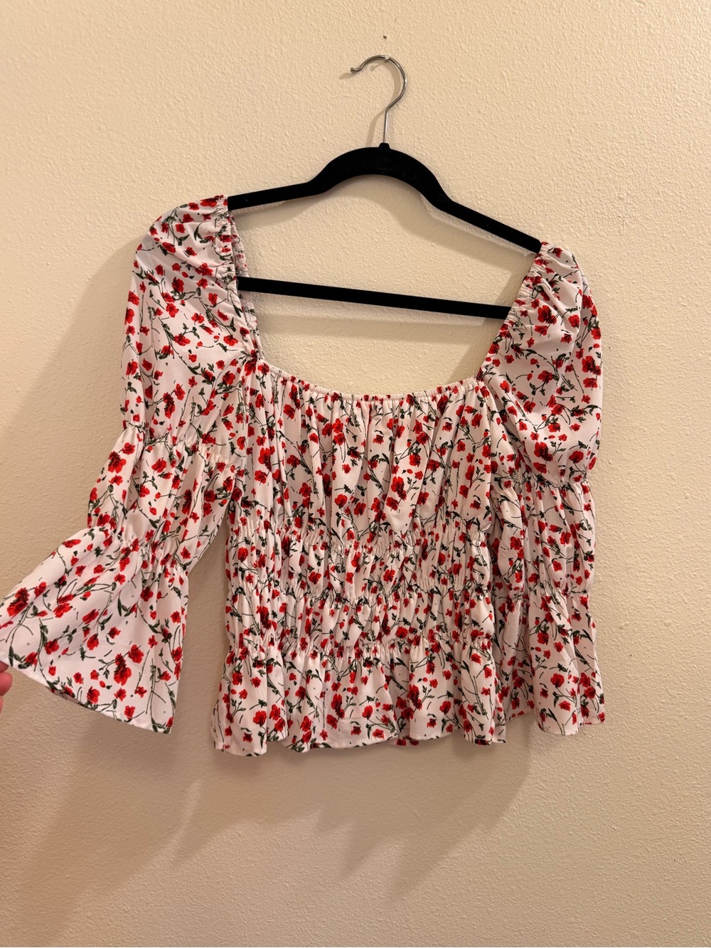 Smocked White Blouse with Red Floral Print and Puff Sleeves